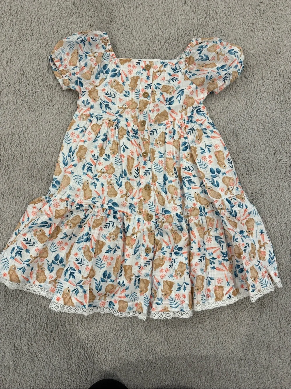 Girls White Floral & Bunny Print Puff Sleeve Dress Size 5